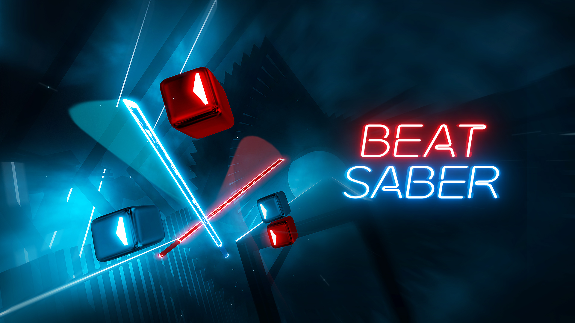 A promotional image from Beat Saber showing neon-lit logo and lasers sabers with blocks which is illustrative of the gameplay